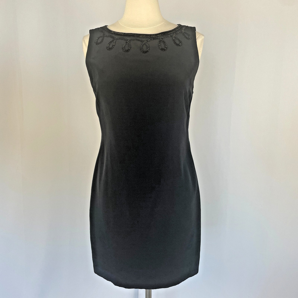 Laura Ashley Dress Size 10 Solid Black Sheath Party Cocktail Beaded Silk Vintage